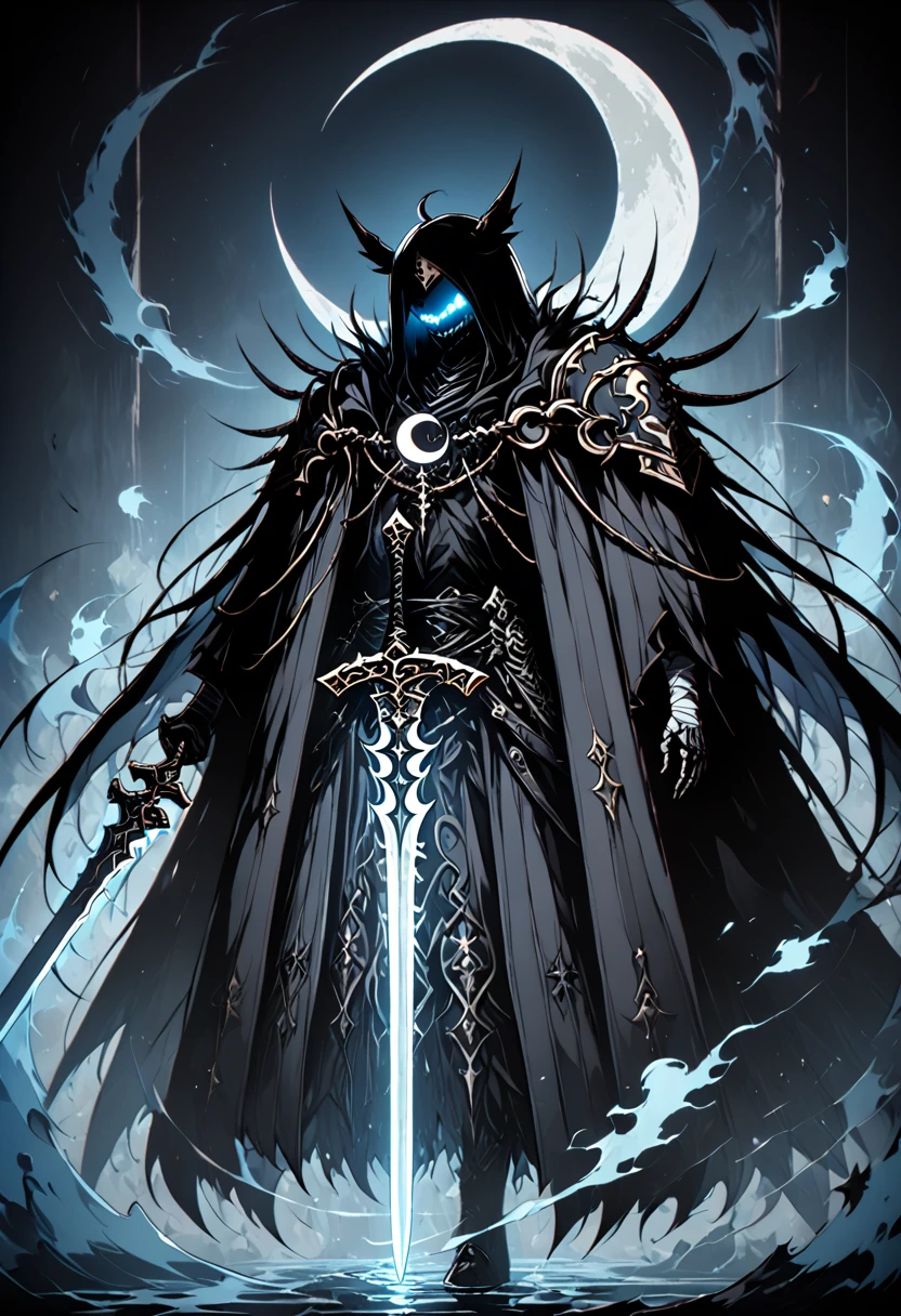 Appearance: Ichigo's sword would transform into a large, black sword with a curved blade and a crescent-shaped guard. Its hilt would be wrapped in white bandages and his personal symbol (an inverted crescent moon) would be present on the guard, 8k high definition