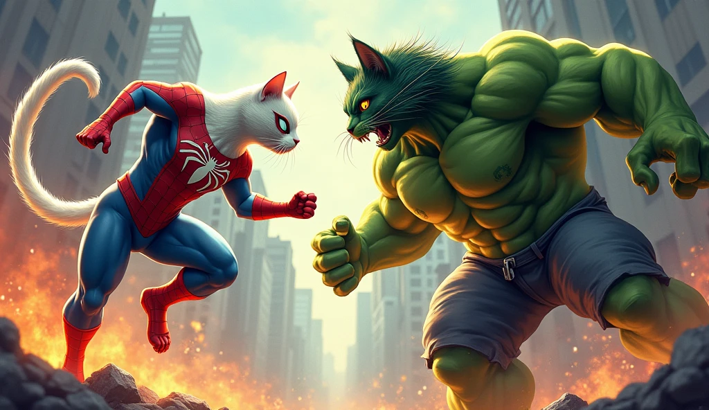 Flerken (goose orange cat ) with Hulk (marvel, avengers) (Best quality, 8k, Masterpiece: 1.2), Ultra-detailed, (Realstic, photoreallistic, photo-realistic: 1.37) couleurs vives, dinamic lighting.