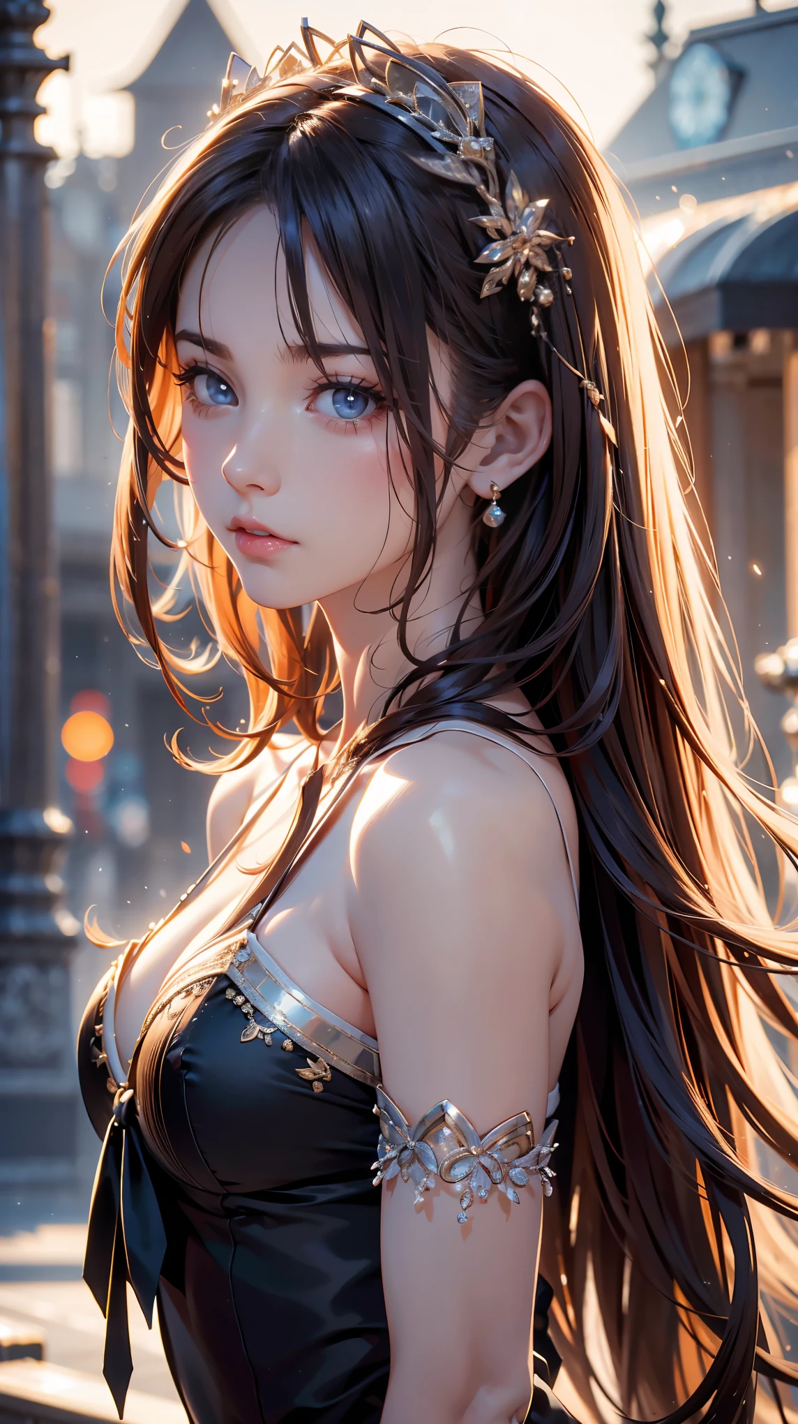 ((masterpiece:1.2, Highest quality)), Super detailed, Ultra-precise depiction, Ultra-detailed depiction, (Tangled:1.2), (Dynamic pose), (Abstract background:1.5), Wavy long hair, Pink Hair, One girl, colorful, Portraiture, (From above:1.2)、Sexy proportions、Sexy、Wear a cross halter dress、Wear thick-soled sandals、smile