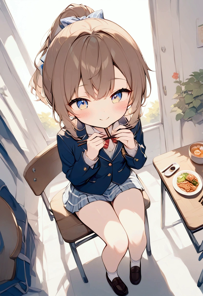 (masterpiece),(Best Quality),  staring at viewers, Female  high school,Brown Hair, ponytail,Navy blue blazer,  light blue gingham check short skirt, Brown Loafers, Shy expression, smile,  sitting on a chair , 机の上にcuteお弁当,  {Top view| medium shot}, I have 2 chopsticks,Figure eating ,  (Wavy Hair:0.8),{whole body| cowboy shot that makes me dream violently}, {indoor|Outdoor},whole bodyを描いて, {In the classroom|noon食}, {cuteお弁当|noon}, { eating deliciously |happiness},Amazingly slim,  detailed background, Light tones, whole body, （The charm of youth）