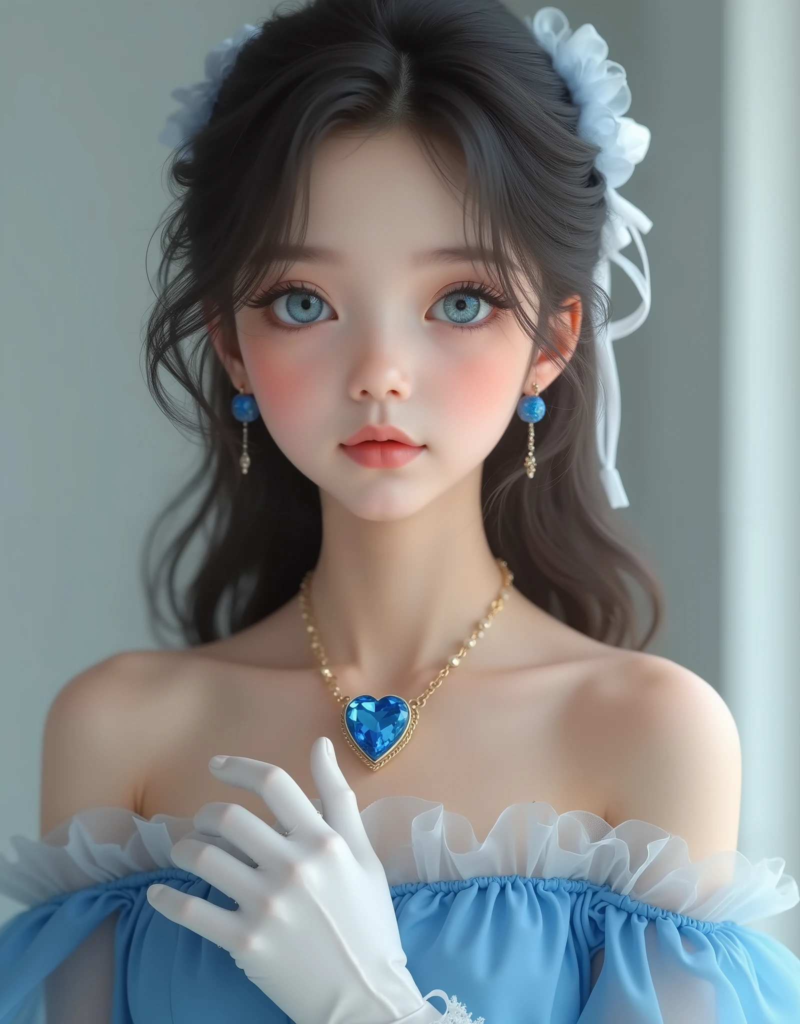 masterpiece, best quality, one girl, blue floral pattern, two strings of white pearls outfit and black bow tie , game cg, detailed, white background