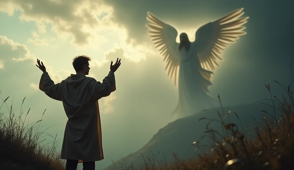 Man walking away from God while looking at his watch and typing on his cell phone  