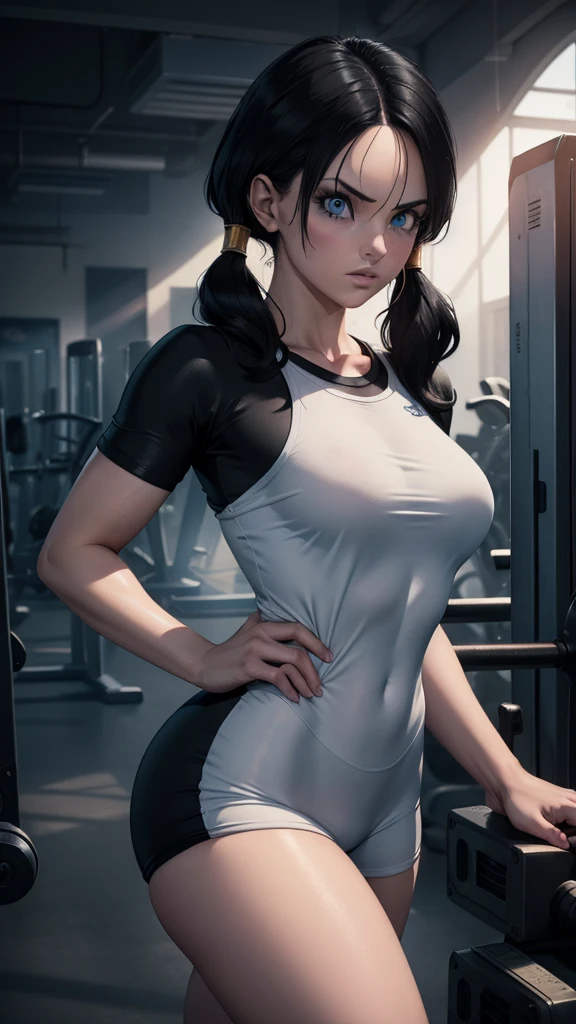 realistic 1.2, 1 girl, dragon ball z, gym clothes,  white sports top , black lycra shorts , She is at the gym, gym, 2 ponytails, black hair,  beautiful and detailed blue eyes , Double Eyelids, detailed iris,  lighting effect on the eyes , ( Computer-generated images) e visual effects (visual effects)  videos perfectly highlight complex anatomical features.  Special effects complement the visual art , Engaging the viewer.  The level of detail is impressive ,  with meticulously crafted intricate elements .  volumetric effects add depth and dimension , and the photorealism is unmatched. The image is rendered in 8K resolution,  ensuring super-detailed visuals .  Volumetric lighting adds a touch of magic ,  highlighting your beauty and aura in a supernatural way .  High Dynamic Range technology  (HDR) makes colors stand out, adding richness to the overall composition. In the end, this art presents an unreal portrait.