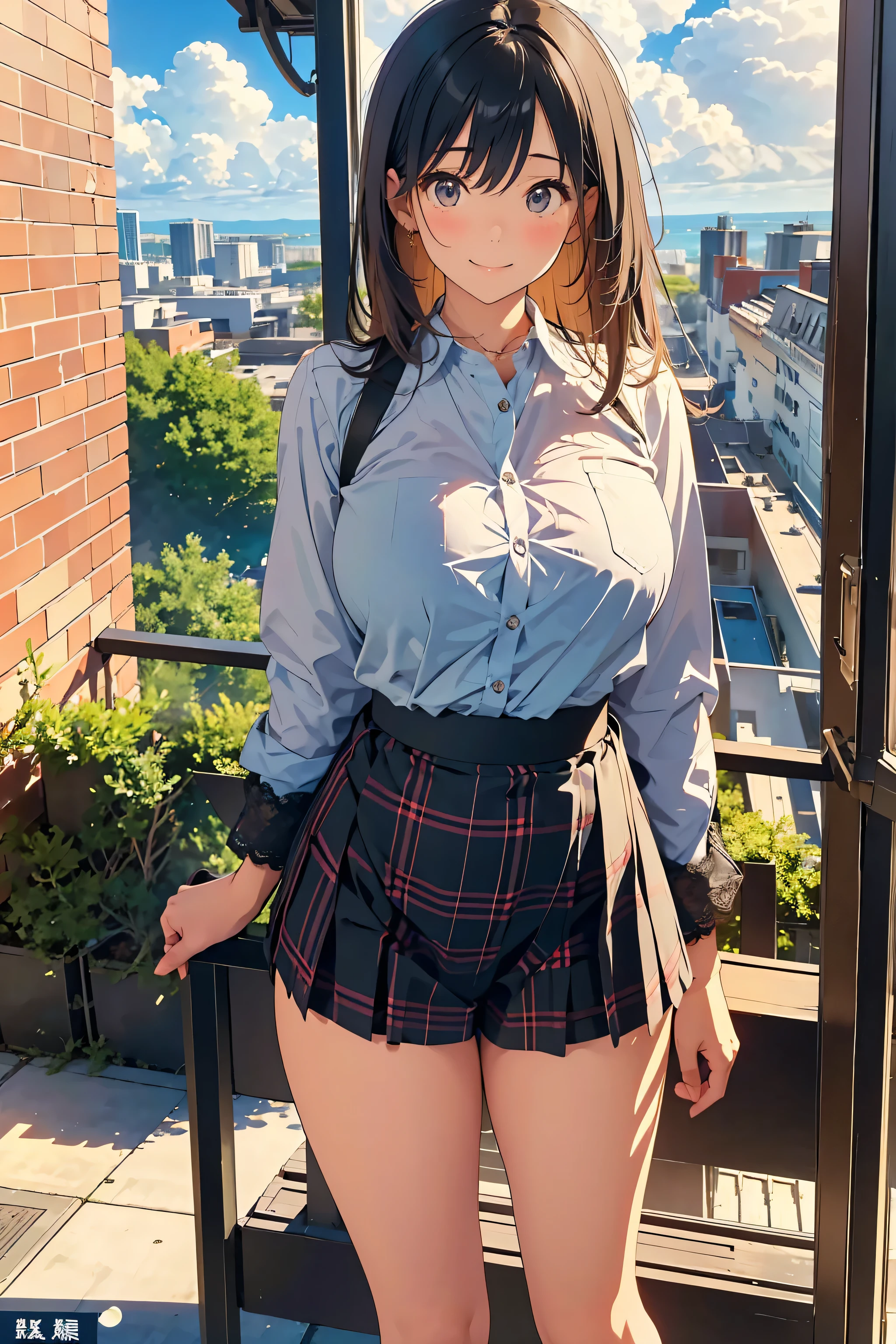 with a camera on the ground,23 years old, OL, ((Casual clothes)), Droopy eyes, Beautiful legs, Model body type, natural large breasts:1.5, ( very detailed美しい顔), (smile),Black Hair, semi-long, Seraphim,(long sleeve plaid shirt 、 miniskirt ), sitting leaning forward on the stairs, Open legs, show panties、(From below),( lace panties , Random Color), Stairs in the park、Distant Tree々and the city, (Best Quality,masterpiece:1.0), Absurd, High Resolution ,Super detailed, very detailed,32K,8k resolution, complicated details,Movie Scene, Detailed Background,alone,Dynamic Angle, photo of a very cute and beautiful adult woman sitting leaning forward on the stairs ,