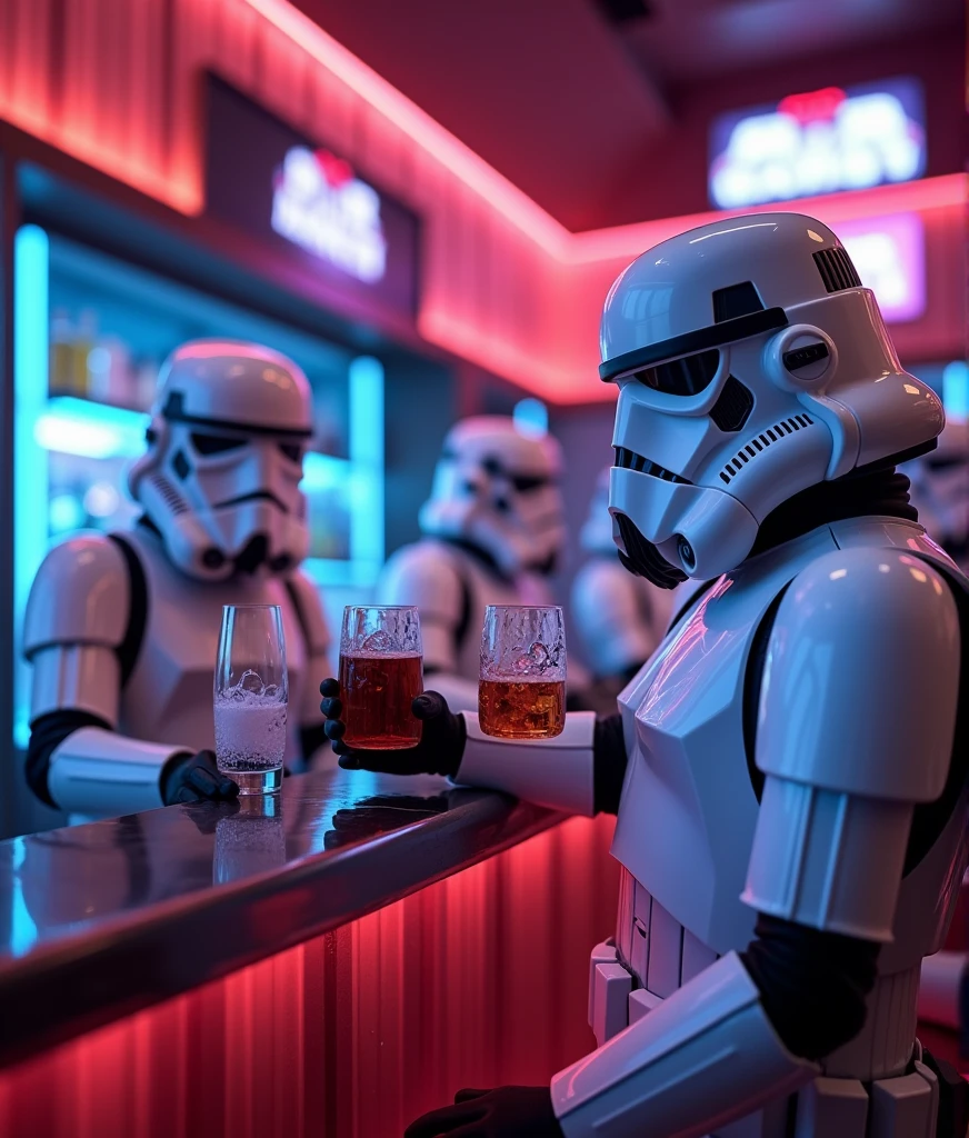 Star Wars World、Stormtroopers are drinking alcohol at the counter in a futuristic neon bar。