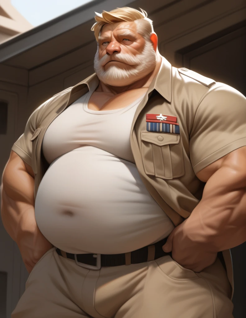 solo, 1boy, Muscular Old man, wide shoulder, thick arms, (chubby, belly), wide pectoral, massive muscle, short hair:1.2, blonde hair, detailed eyes, soldier uniform, full body shoot, focus eyes, soldier shirt, open shirt, masterpiece, semirealistic:1.2, high detailed, 8k, high resolution