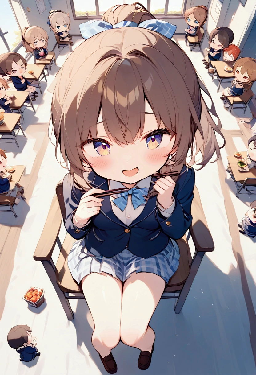 (masterpiece),(Best Quality),  staring at viewers, Female  high school,Brown Hair, ponytail,Navy blue blazer,  light blue gingham check short skirt, Brown Loafers, Shy expression, Open Mouth Smile,  sitting on a chair , 机の上にcuteお弁当,  {Top view| medium shot}, He holds 2 chopsticks in his right hand,Figure eating ,  (Wavy Hair:0.8),{whole body| cowboy shot that makes me dream violently}, {indoor|Outdoor},whole bodyを描いて, {In the classroom|noon食}, {cuteお弁当|noon}, { eating deliciously |happiness},Amazingly slim,  detailed background, Light tones, whole body, （The charm of youth）