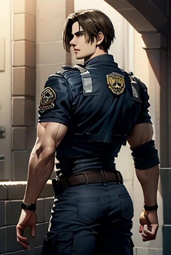 (Highly detailed CG), (Best Quality), (Highly detailed CG), (Best Quality), Back Alley,Leon S. Kennedy, SWAT Clothing, Beautiful and attractive young man, Lean and muscular,