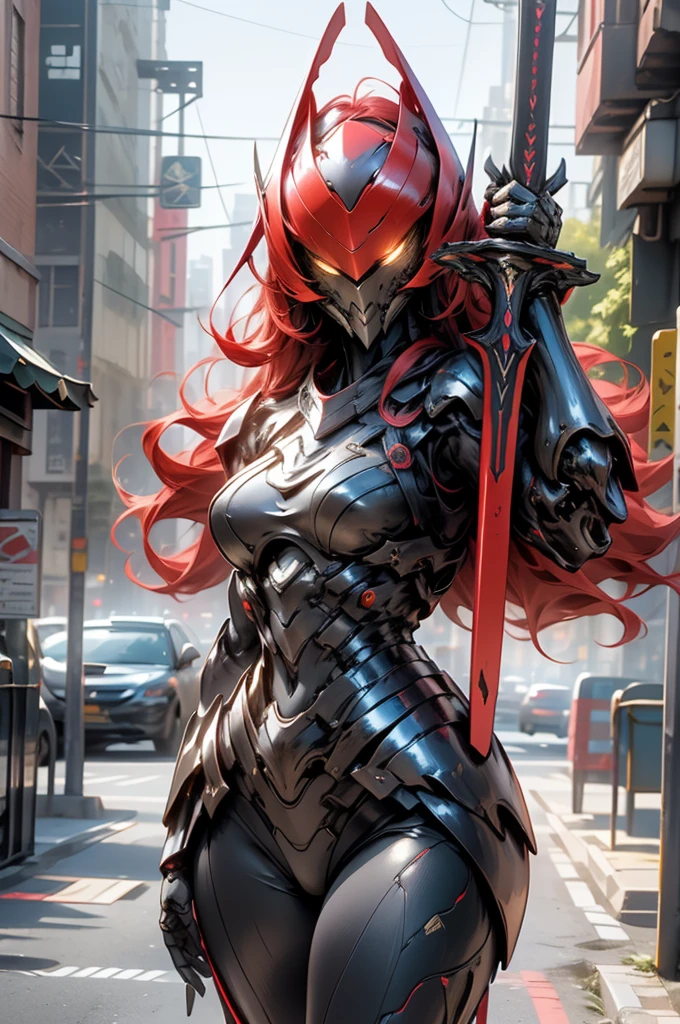 masterpiece,best quality: 1.2),(ultra-detailed face),(no headgear),Her armor glows red as the neon city lights dance across its mechanical surface. Intricate cybernetics empower her movement with inhuman speed and strength. She strides silently through theLower Sectors, the alleyways bathed in the crimson radiance of her futuristic suit. In her grip is an energized longsword, its edges humming with plasma, ready to dispense justice. She is the guardian that watches over this city, though few know her name. Criminals whisper rumors of the Crimson Knight, a cybernetically enhanced warrior sworn to protect the innocent. They speak of her inhuman reflexes and her blazing sword that cuts through any defense. How she appears from the shadows, a blur of red bringing swift judgment. Tonight her sensors have de(tected injustice brewing once more in these lawless streets. As the city sleeps, she alone stands vigilant, a silent sentinel keeping watch. Her cybernetic systems begin to target threats as she prepares to fight for those who cannot defend themselves. The Crimson Knight is ready, and justice will be dealt swiftly tonight.