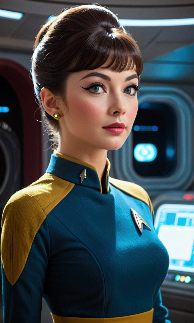 upper body <lora:AudreyHepburn_v1-000030:.9> AudreyHepburn, focus on smiling face, wearing a star trek uniform , her hair is styled as dutch fishtail braid,