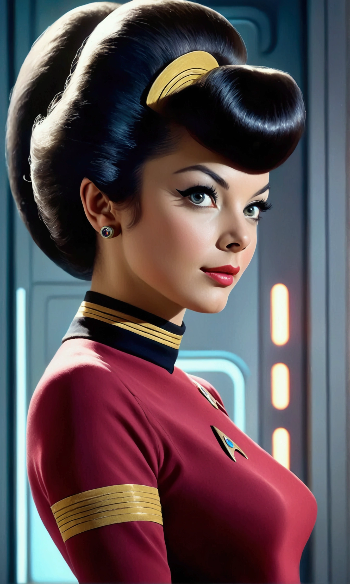 (safe for work, enough clothing to cover objectionable parts making it safe for work) An alien princess(Lalisa Manobal, age 25), dressed in flashy body jewelry and sheer colorful silks tells Captain Kirk she has never experienced this Love. Seductive poses, sultry stare (50's star trek) (show all of her head to tow, show her entire body, full body)