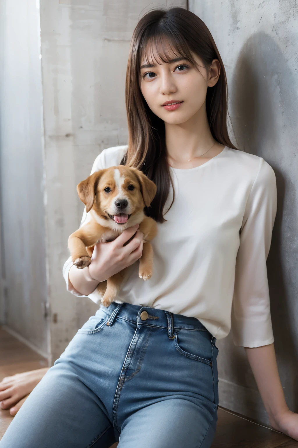 Highest quality,masterpiece,Ultra-high resolution,(Actual:1.4),Original photo,Ultra-high resolution,8K,There are also women,She is sitting on the floor. She is holding a puppy. Fair skin、She is wearing a short-sleeved white blouse and jeans.,She is smiling,
Long legs:1.5,Bright and beautiful,high waist,,Gray background,