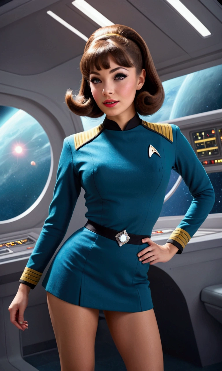 cute woman, 1girl, 25yearsold, amazing butt, 1960s star trek miniskirt uniform, happy go lucky new yeoman on the starship enterprise, extremely detailed face and eyes, beautiful detailed lips, longeyelashes, photorealistic, 8k, hyperdetailed, masterpiece, high quality, cinematic lighting, vibrant colors, retro sci-fi, 1960s aesthetic, futuristic, dynamic pose
