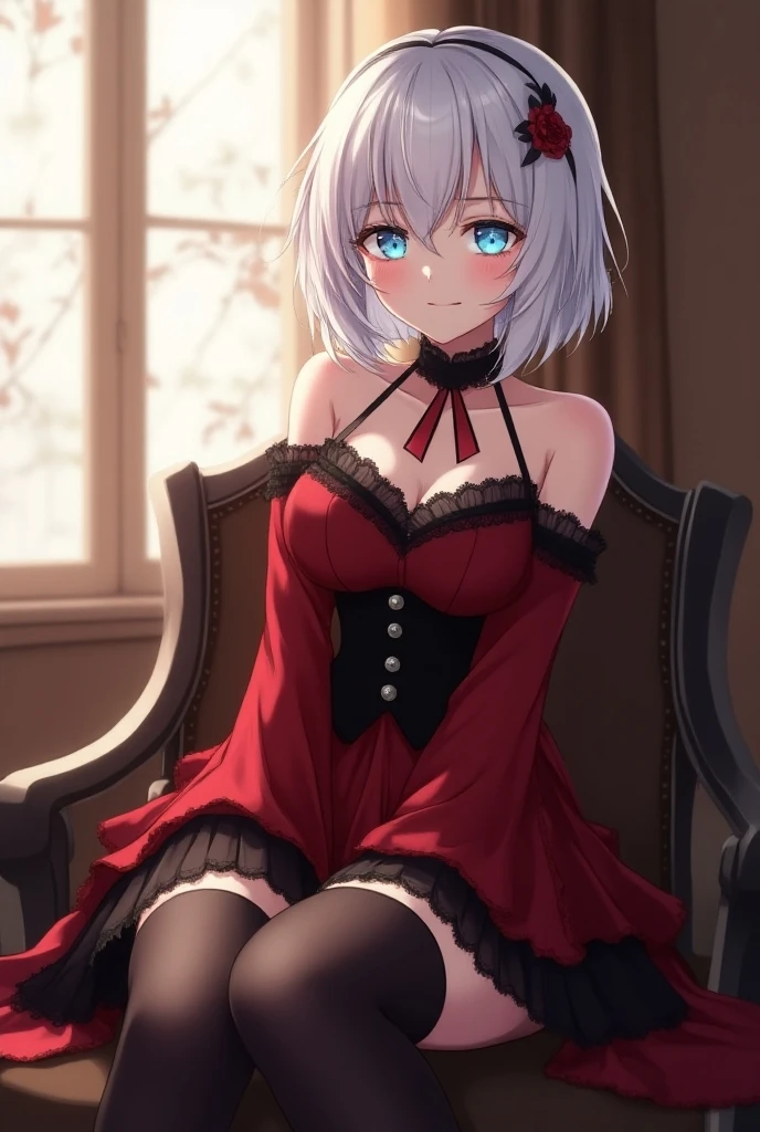masterpiece,highest quality,High resolution,Super detailed,Oh Ginko,short hair,bangs,hair between eyes,black hair band,snowflake hair ornament,black choker,looking at the viewer, heart-shaped eyes, blush,show viewer, from below, concentrate, Beyond the particles of light, love hotel bedroom, red bra,red garter belt,red underwear,Red tights,small breasts,get down on all fours,(masterpiece:1.2), highest quality, High resolution, unity 8k wallpaper, (shape:0.8), (beautiful and detailed eyes:1.6), highly detailed face, perfect lighting, Very detailed CG, (perfect hands, perfect anatomy),