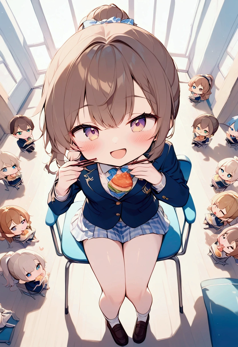 (masterpiece),(Best Quality),  staring at viewers, Female  high school,Brown Hair, ponytail,Navy blue blazer,  light blue gingham check short skirt, Brown Loafers, Shy expression, Open Mouth Smile,  sitting on a chair , 机の上にcuteお弁当,  {Top view| medium shot}, Holds chopsticks in right hand,Figure eating ,  (Wavy Hair:0.8),{whole body| cowboy shot that makes me dream violently}, {indoor|Outdoor},whole bodyを描いて, {In the classroom|noon食}, {cuteお弁当|noon}, { eating deliciously |happiness},Amazingly slim,  detailed background, Light tones, whole body, （The charm of youth）