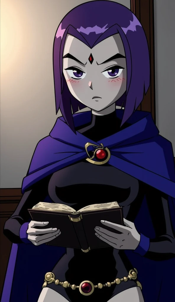 score_9, score_8_up, score_7_up, volumetric lighting,
raven, 1girl, solo, blush, short hair, holding, purple eyes, purple hair, cape, book, colored skin, anger vein, holding book, open book, reading, grey skin, forehead jewel
