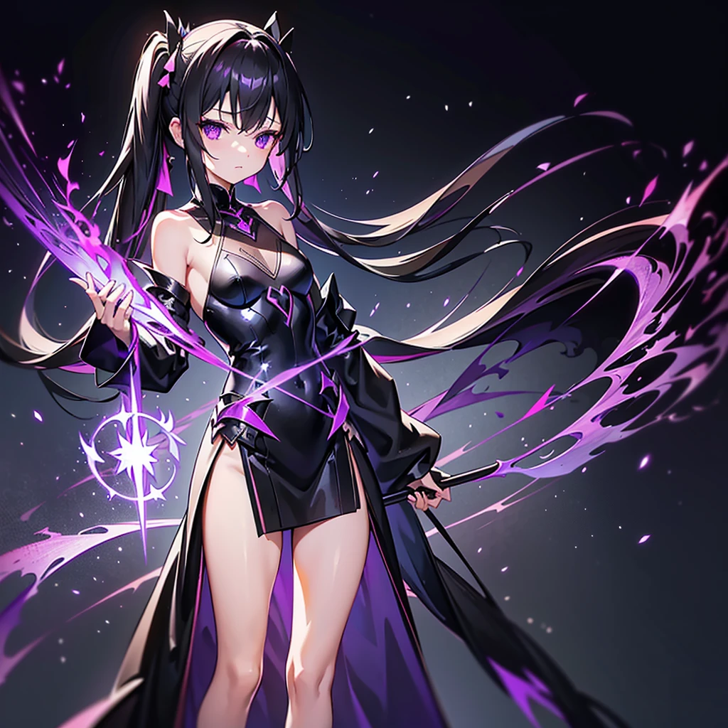 Holding a black-purple flame bow and arrow 1.9((Alone))(long side ponytail 1.8)((small breasts1.8))Young Body 1.2、Long black hair 1.5、Purple Eyes 1.5、1 dressed in worn out black wizard clothing.8、 Big Winged Angel Wizard Girl Metatron 1.3、