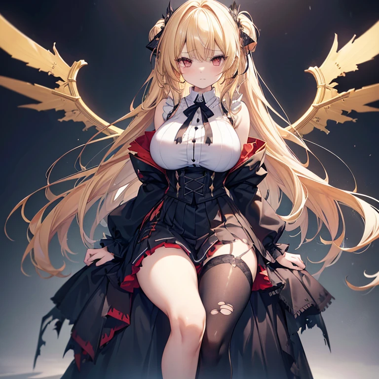 full body, 1girl, big breast BREAK black gothic lolita clothes, cross necklace, shoulder pad, armor, sword, blonde curly hair, twintail, hair bow, tottering, tilt head, blow off, closed eyes, screaming, :o, (fluttering skirt, white panty, torn clothes :1.5), scenery, lightning, dark atmosphere,