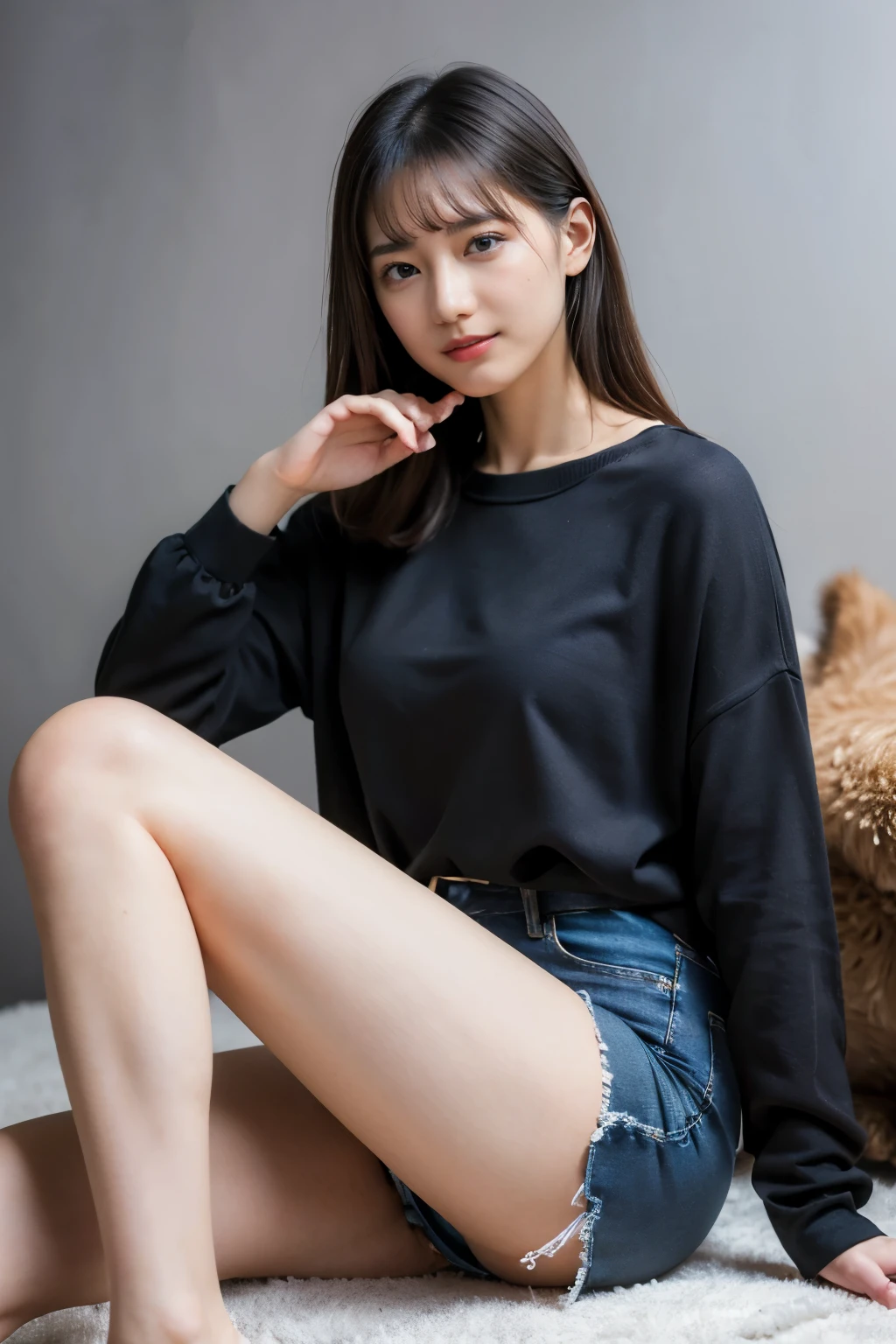 Highest quality,masterpiece,Ultra-high resolution,(Actual:1.4),Original photo,Ultra-high resolution，8K，There are also women，She is sitting on the floor. She is holding a puppy. Fair skin、She is wearing a short-sleeved white blouse and jeans.,She is smiling,
Long legs:1.5，Bright and beautiful，high waist，，Gray background，