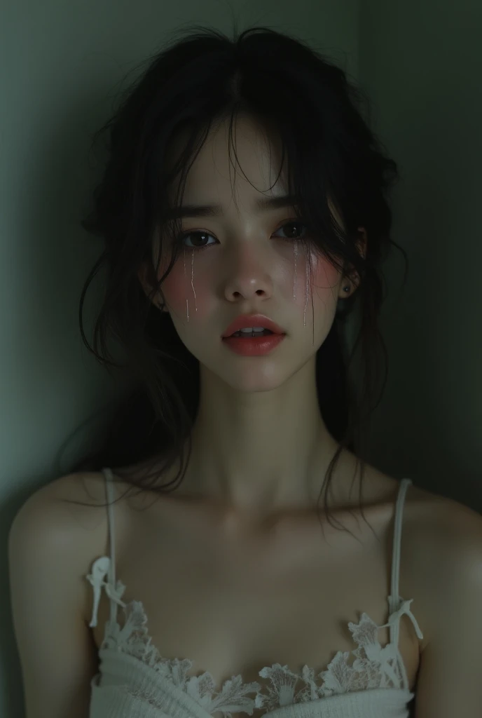 Ultra-thin girl crying, realist