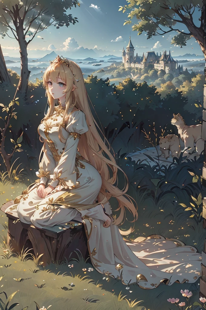 (((masterpiece))), (((Best Quality))), ((Ultra-detailed)), (  hyperrealistic ), (High-definition CG illustrations), (( Very Delicate and Beautiful )),Official Anime Art, Panorama，landscape，Wide sky，A beautiful forest spreads out， Princess Rapunzel in Wonderland，Super long blonde hair， Looking down from a brick tower in the clouds，break，The king of lions is lined up next to her、 fantasy, Exhilarating, Natural Light