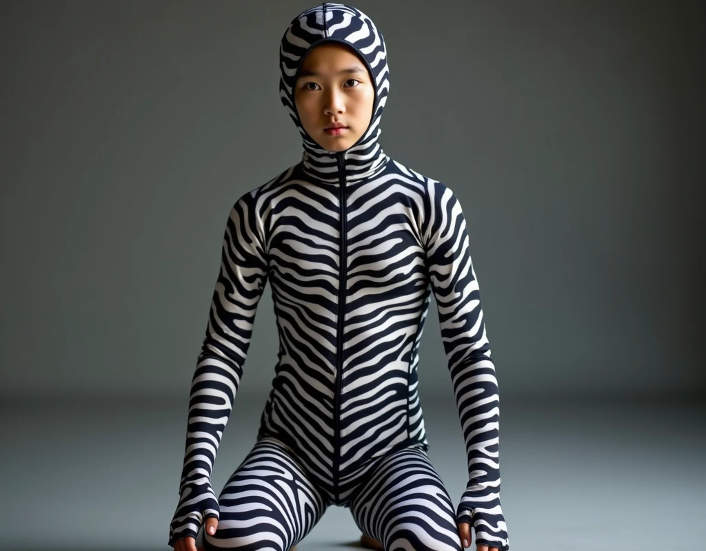 the most handsome and thin Asian chinese boy wears zebra print Lycra turtleneck unitard catsuit covered with zebra stripes.He always wear zebra Lycra dancewear hood.He has handsome cheeks on his face.
