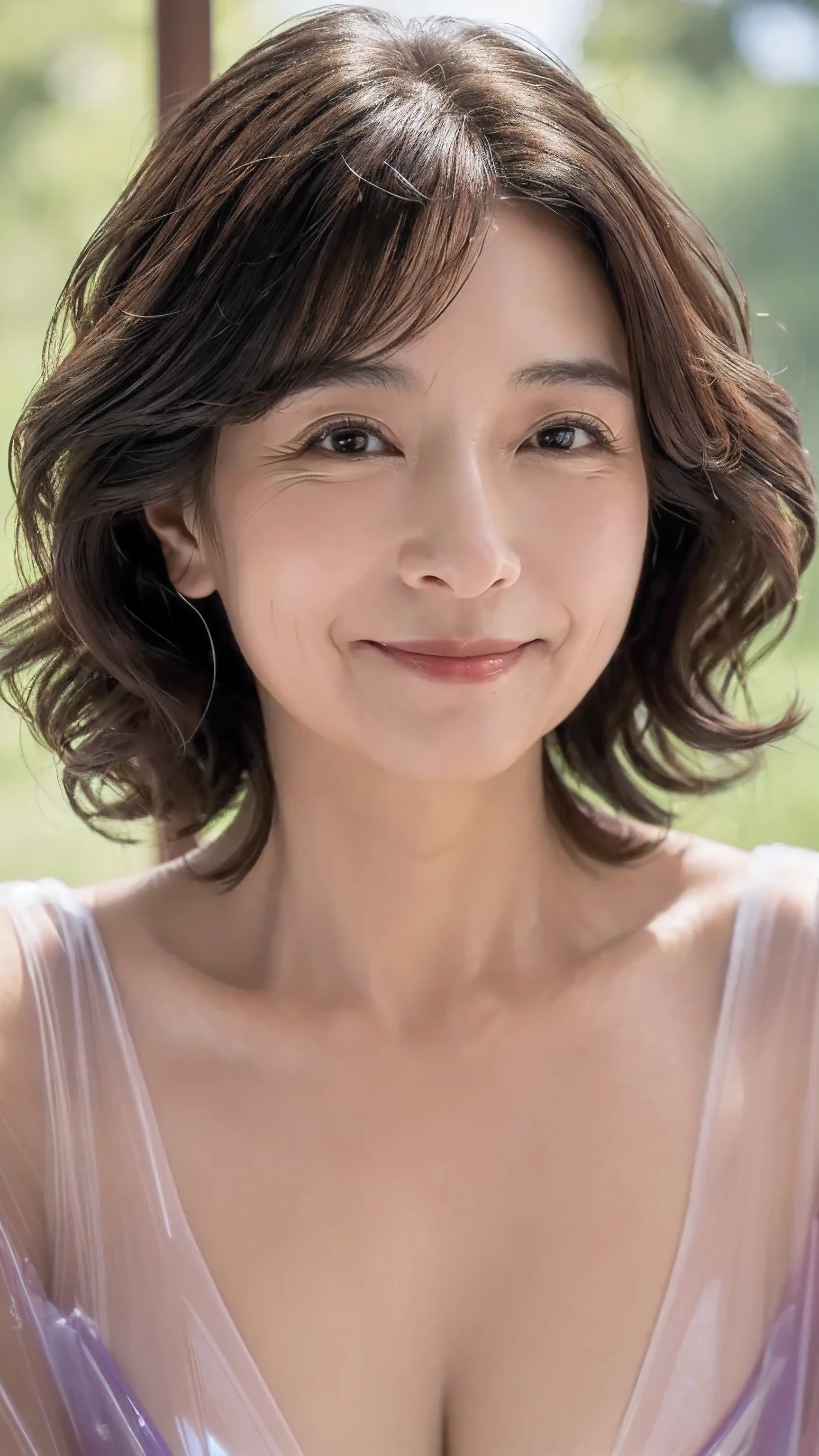 ((Best Quality)), ((8k)), ((masterpiece: 1.3)), (Perfect appearance), ( Transparent : 1.6), (and), (One Japanese Mature),  Perfect Anatomy, ((65 years old)), Wavy short hair, (The expression of a gentle smile), ((Close-up of face)),