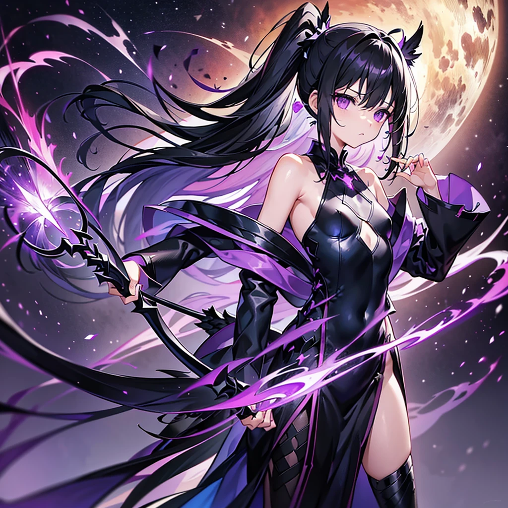 Holding a black-purple flame bow and arrow 1.9((Alone))(long side ponytail 1.8)((small breasts1.*****ung Body 1.2、Long black hair 1.5、Purple Eyes 1.5、1 dressed in worn out black wizard clothing.8、 Big Winged Angel Wizard Girl Metatron 1.3、