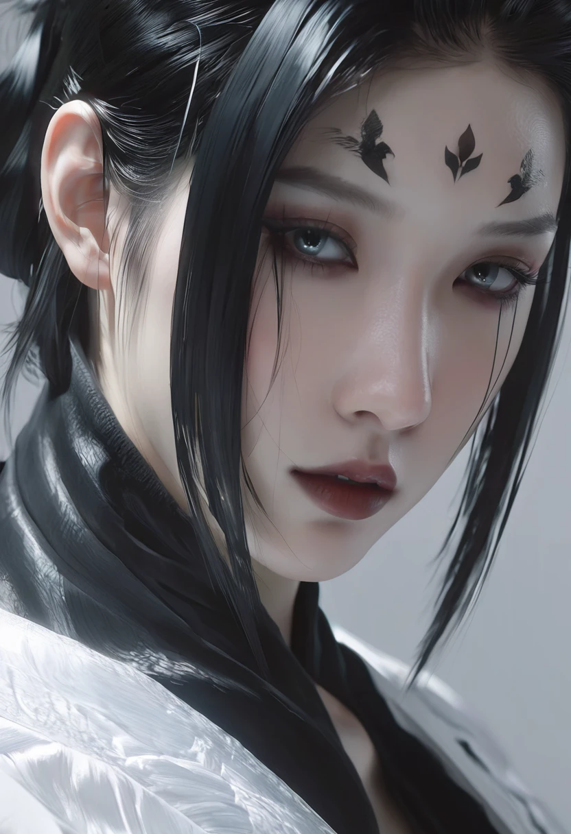 A woman with black hair and white skin,Close-up of face， artwork in the style of Gu Weiss, Gu Weiss, the style of WLOP, ross tran and WLOP, Inspired by WLOP, Eve Ventro, in style of WLOP, WLOP and ross tran, Pan Chengwei on artstation, best on WLOP, WLOP |