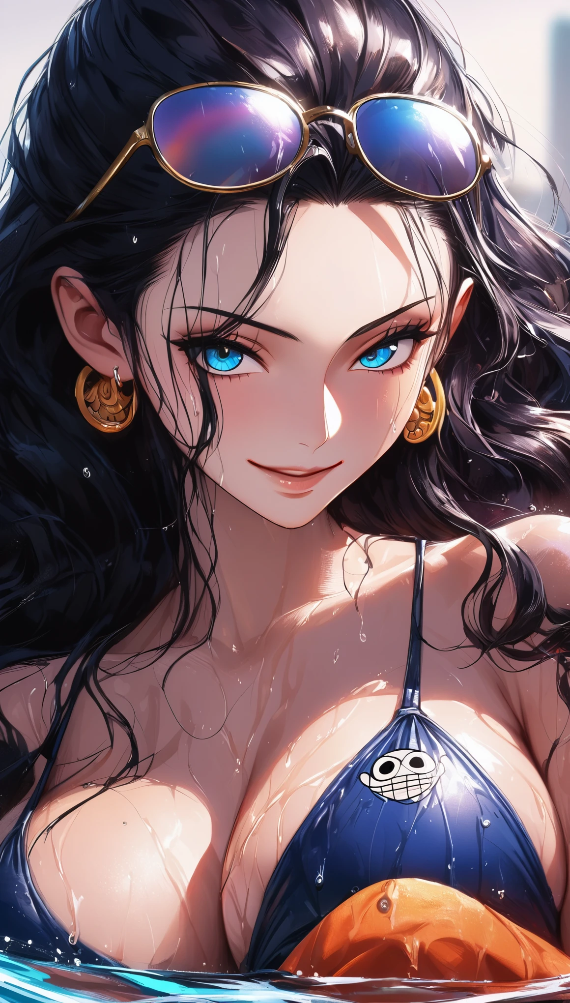 masterpiece, best quality, intricate details, 1 girl, woman, black hair, nico robin \ (one piece\), blue eyes, sligh wavy hair, hair slicked back, (open eyes), (medium close-up shot), portrait, focus on face, bust, (chest and face), eyewear on head, earrings, defined eyebrows, smile close mouth, perfect face, female focus, large breast, cleavage, female focus, outdoors, city, looking at viewer, (side view) (medium close up shot) (solo) detailed, very high resolution, no blurry image, ((nico robin from one piece)) ((female nico robin from one piece)), tan skin, curvy, masterpiece, best quality, highres, best illumination, depth of field, perspective with background, vivid colours, colours, swimming pool view, in a swimming pool, emerging from the water, wet skin, bikini