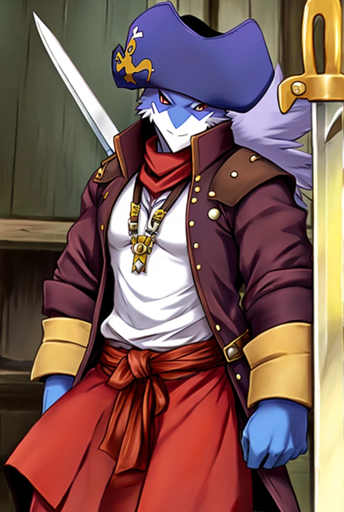 I want a Digimon who is a pirate whose jacket is blue with a white sweater inside that wears a red hakama and has a big sword