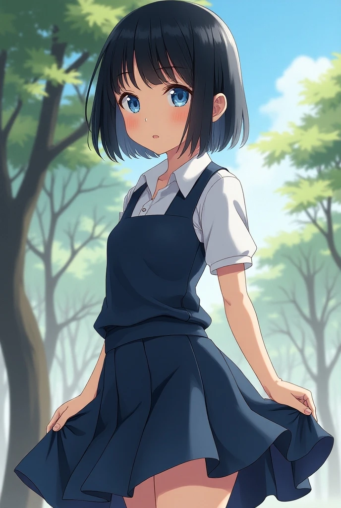 nakahara_misaki、Two-tone shirt、pleatedskirt、plein air、a park、、murky、Lonely、Blue theme、mournful、Eyes of the Sky、looking-down、The tree、Benches、sitted、Panties are visible、