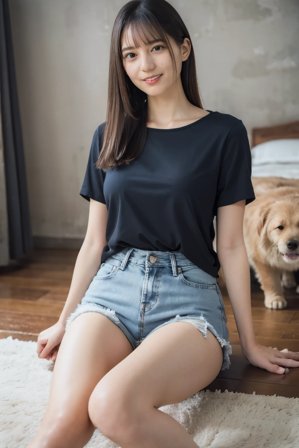 Highest quality,masterpiece,Ultra-high resolution,(Actual:1.4),Original photo,Ultra-high resolution，8K，There are also women，She is sitting on the floor. She is holding a puppy. Fair skin、She is wearing a short-sleeved white blouse and jeans.,She is smiling,
Long legs:1.5，Bright and beautiful，high waist，，Gray background，