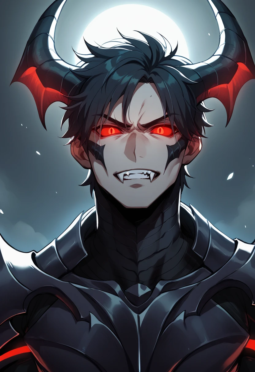 Appearance: In his resurrection form, Itadori takes on a more demonic appearance, with horns protruding from his head, glowing red eyes, and sharp fangs. His hair becomes longer and wilder, and his skin takes on a dark gray hue. He wears black armor with red accents, and his sword has three curved blades, each with a rune on its surface. 8k HD