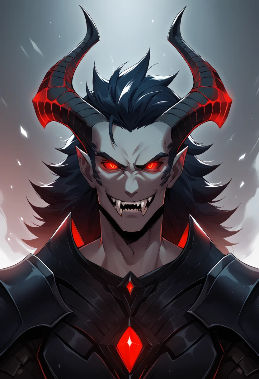 Appearance: In his resurrection form, Itadori takes on a more demonic appearance, with horns protruding from his head, glowing red eyes, and sharp fangs. His hair becomes longer and wilder, and his skin takes on a dark gray hue. He wears black armor with red accents, and his sword has three curved blades, each with a rune on its surface. 8k HD