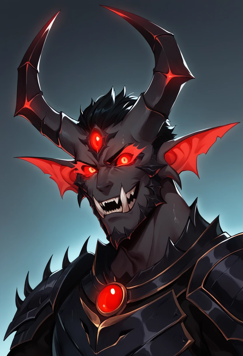 Appearance: In his resurrection form, Itadori takes on a more demonic appearance, with horns protruding from his head, glowing red eyes, and sharp fangs. His hair becomes longer and wilder, and his skin takes on a dark gray hue. He wears black armor with red accents, and his sword has three curved blades, each with a rune on its surface. 8k HD