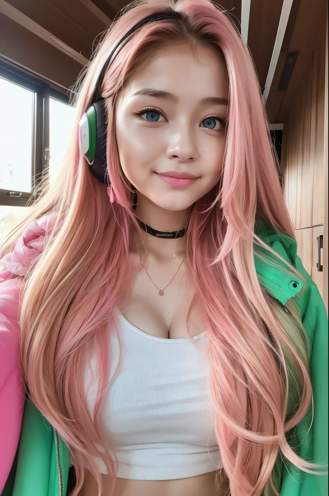 high resolution, 8k.
a girl, long multicolored hair, greeneyes, gazing at viewer, slightly separated lips, make up, Neon headphones behind the head.
Wears a tank top and a neon pink jacket.
She is standing exactly in the middle and looking directly at the camera smiling....
Image without cropping on top and sides.
white scenario. 
