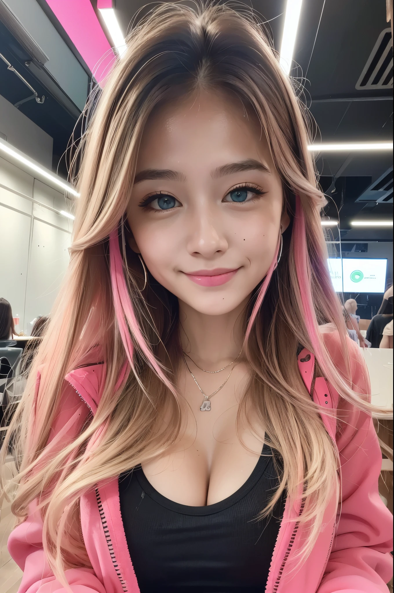 high resolution, 8k.
a girl, long multicolored hair, greeneyes, gazing at viewer, slightly separated lips, make up, Neon headphones behind the head.
Wears a tank top and a neon pink jacket.
She is standing exactly in the middle and looking directly at the camera smiling....
Image without cropping on top and sides.
white scenario. 
