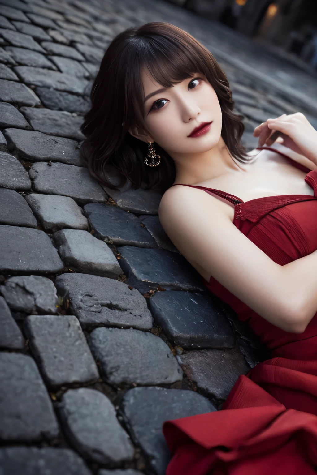 1 girl, (  She's Wearing a Red Dress  :1.3), (Gothic Makeup),   Portrait of an adorable Japanese symphonic metal singer, (RAW Photo Best Quality), (Realistic, Realistic:1.4), (masterpiece), 
But delicate and beautiful,  very detailed, 2k wallpaper, wonderful, finely,   very detailed CG Unity 8K wallpaper,  very detailed, high res, Soft light, 
  Beautiful girl with detailed grooming,  very detailed目と顔, A beautiful and elegant nose,  beautiful beautiful eyes, Cinema Lighting, 
(A girl lies on her back on the cobblestones of a medieval city at night:1.3), (Dark screen:1.5),
(short hair), (Disheveled hair on the ground), ( indigo color scheme  ),
   Perfect Anatomy, Slender body, Small breasts