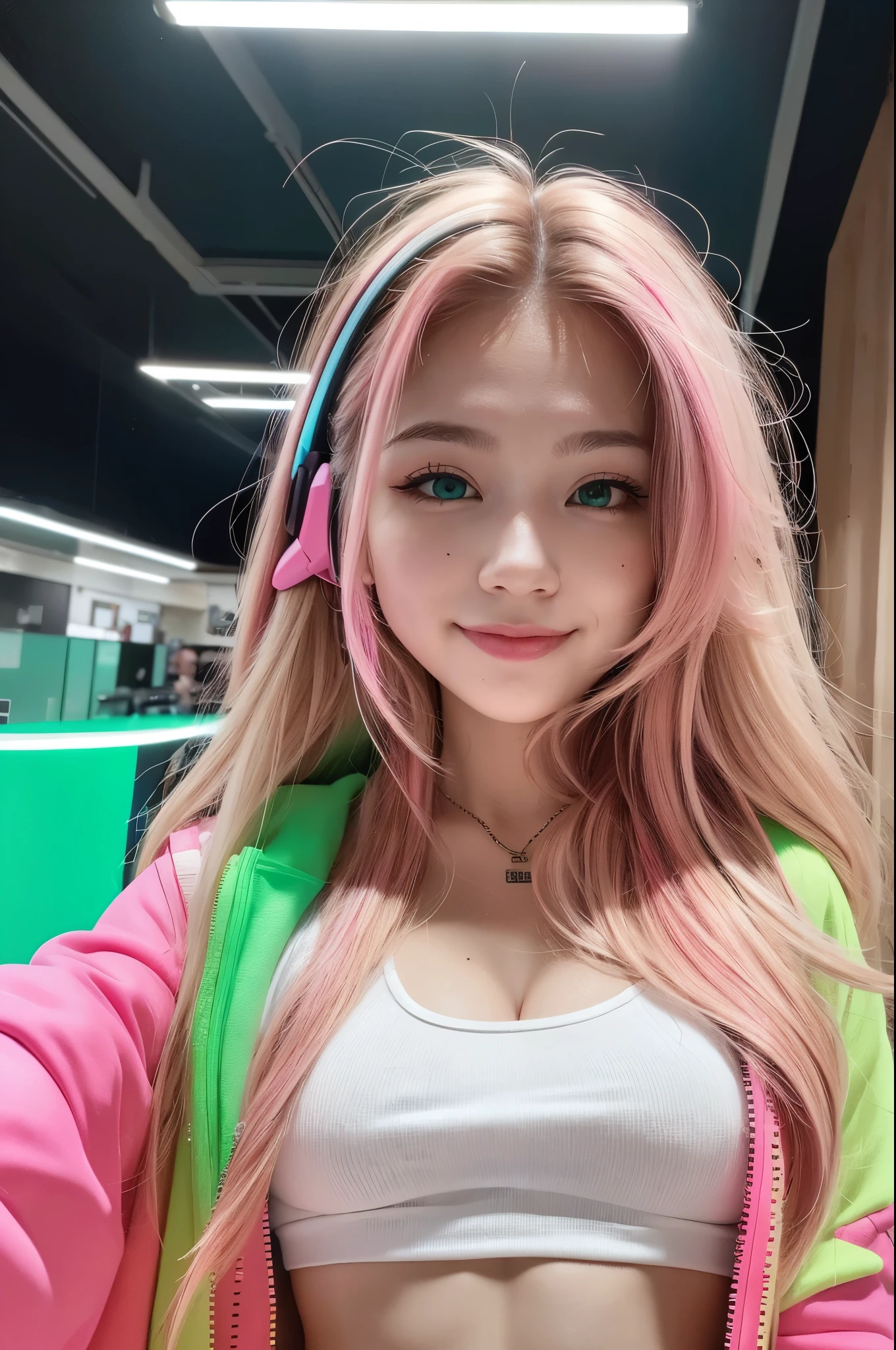 high resolution, 8k.
a girl, long multicolored hair, greeneyes, gazing at viewer, slightly separated lips, make up, Neon headphones behind the head.
Wears a tank top and a neon pink jacket.
She is standing exactly in the middle and looking directly at the camera smiling....
Image without cropping on top and sides.
white scenario. 
