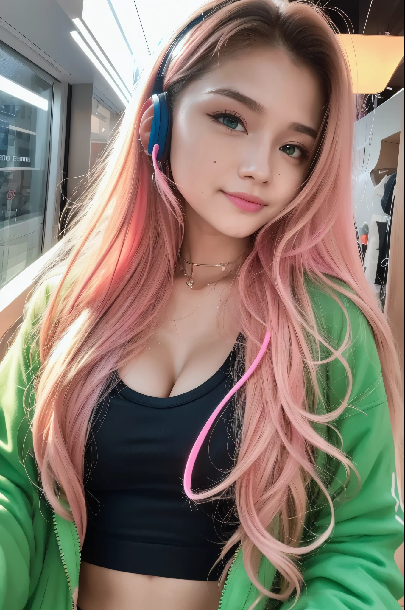 high resolution, 8k.
a girl, long multicolored hair, greeneyes, gazing at viewer, slightly separated lips, make up, Neon headphones behind the head.
Wears a tank top and a neon pink jacket.
She is standing exactly in the middle and looking directly at the camera smiling....
Image without cropping on top and sides.
white scenario. 
