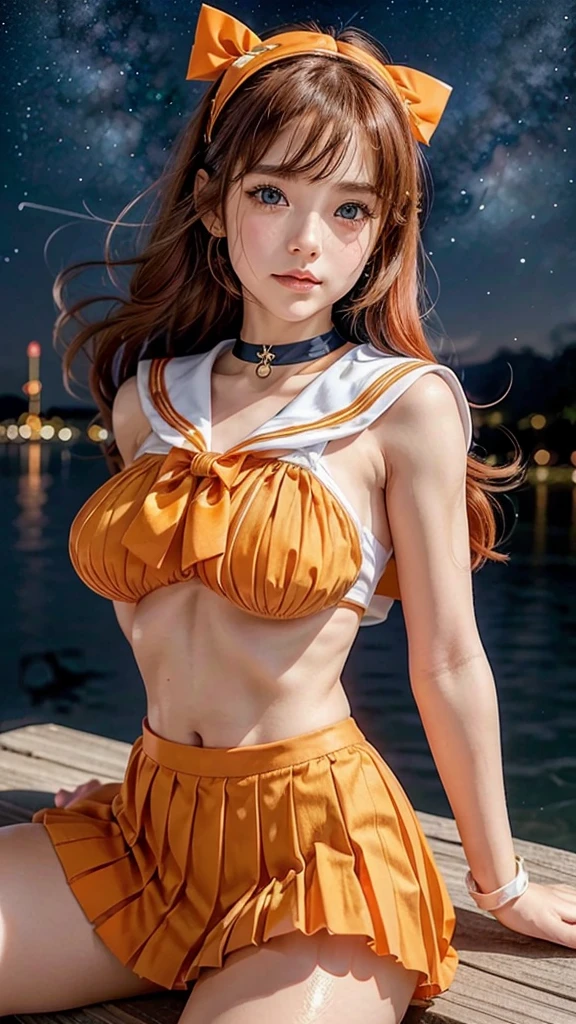 Product quality,1 girl,Cowboy Shot,(Thigh Emphasis:1.4),(Young and beautiful Japanese woman,Perfect Anatomy),Cosplayer,(The Sailor Warrior uniforms are meticulously crafted),(outside,Venus,Starry Sky:1.4),Sit at a desk,smile,((Orange sailor collar)),(Red hair ribbon:1.3),Deep waistline,((Orange ultra short pleated mini skirt:1.5)),(Skirt flip:1.3),(White panties:1.3),Tiara, orange choker,White gloves,jewelry,Earrings,Very beautiful face,Cute type,(A little round face),Baby Face,Glossy lips,Beautiful big eyes,blue eyes,Double eyelids visible in both eyes,(Natural Makeup),Shiny, smooth, long golden hair,,,,Asymmetrical bangs,Floating Hair Nova Frog Style,【Imaging Center,8k resolution,Attention to detail,Detailed hairstyle,Detailed face,Cinema Lighting,Octane Rendering,Ultra-realistic,Perfect body,Beautiful legs,Voluptuous thighs,Huge breasts,Perfect Anatomy,Spread your legs,(Sailor Warrior Pose:1.3)