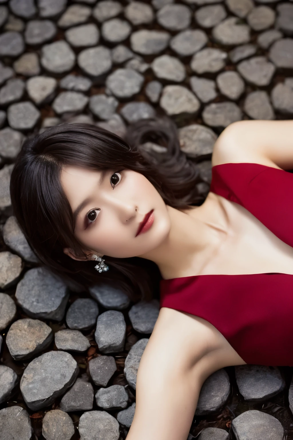 1 girl, ( She's Wearing a Red Dress :1.3), (Gothic Makeup), Portrait of an adorable Japanese symphonic metal singer, (RAW Photo Best Quality), (Realistic, Realistic:1.4), (masterpiece), 
But delicate and beautiful,  very detailed, 2k wallpaper, wonderful, finely,  very detailed CG Unity 8K wallpaper,  very detailed, high res, Soft light, 
  A beautiful girl who takes care of every detail  ,  very detailed目と顔, A beautiful and elegant nose,  beautiful beautiful eyes, Cinema Lighting, 
(Girl full body silhouette), ( The background is a medieval European city abandoned at night :1.4), (Girl lying on her back on cobblestones :1.3), (Dark screen:1.5),
(short hair), (Disheveled hair on the ground), ( indigo color scheme ),
  Perfect Anatomy, Slender body, Small breasts