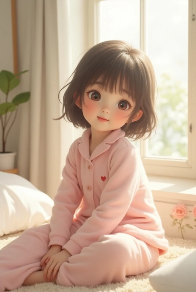 A Korean baby giale skin, cabelo castanho escuro quase chegando ao preto, nariz delicado, small cheeks and pink lips forming a pout. She's sleeping peacefully in her crib, wearing white pajamas and clinging to a stuffed brown bunny. The background of the image is a cozy room at night, made for a baby, decorado cstrelas. Make the room darker. Uma linda imagem, realista.