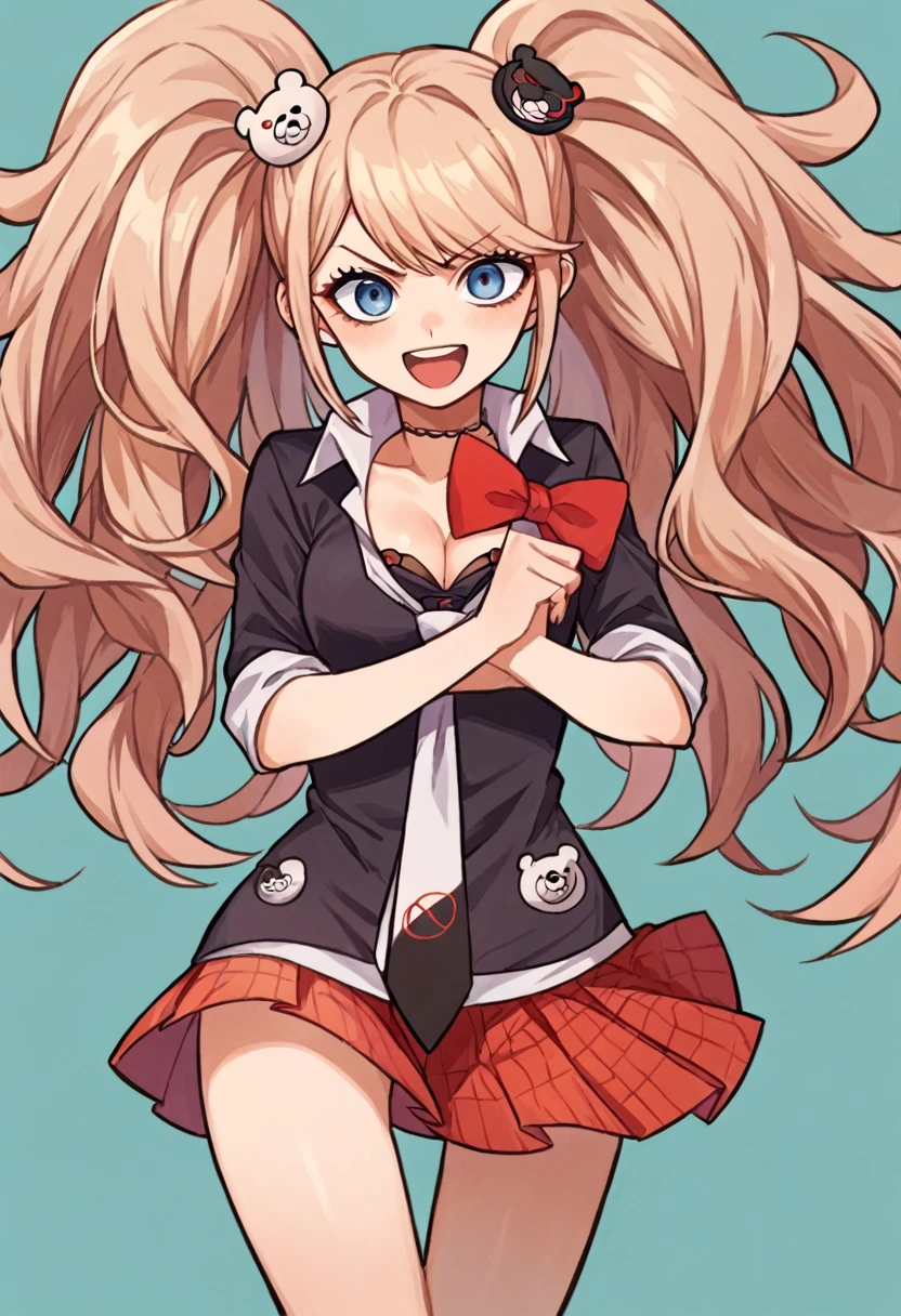 score_9, score_8_up, score_7_up, source_anime, thigh up, 1girl, smile, open mouth, v-shaped eyebrows, v arms, enoshima junko, twintails, bear hair ornament, school uniform, black shirt, white necktie, red bow, sleeves rolled up, skirt, choker, cleavage, aqua background