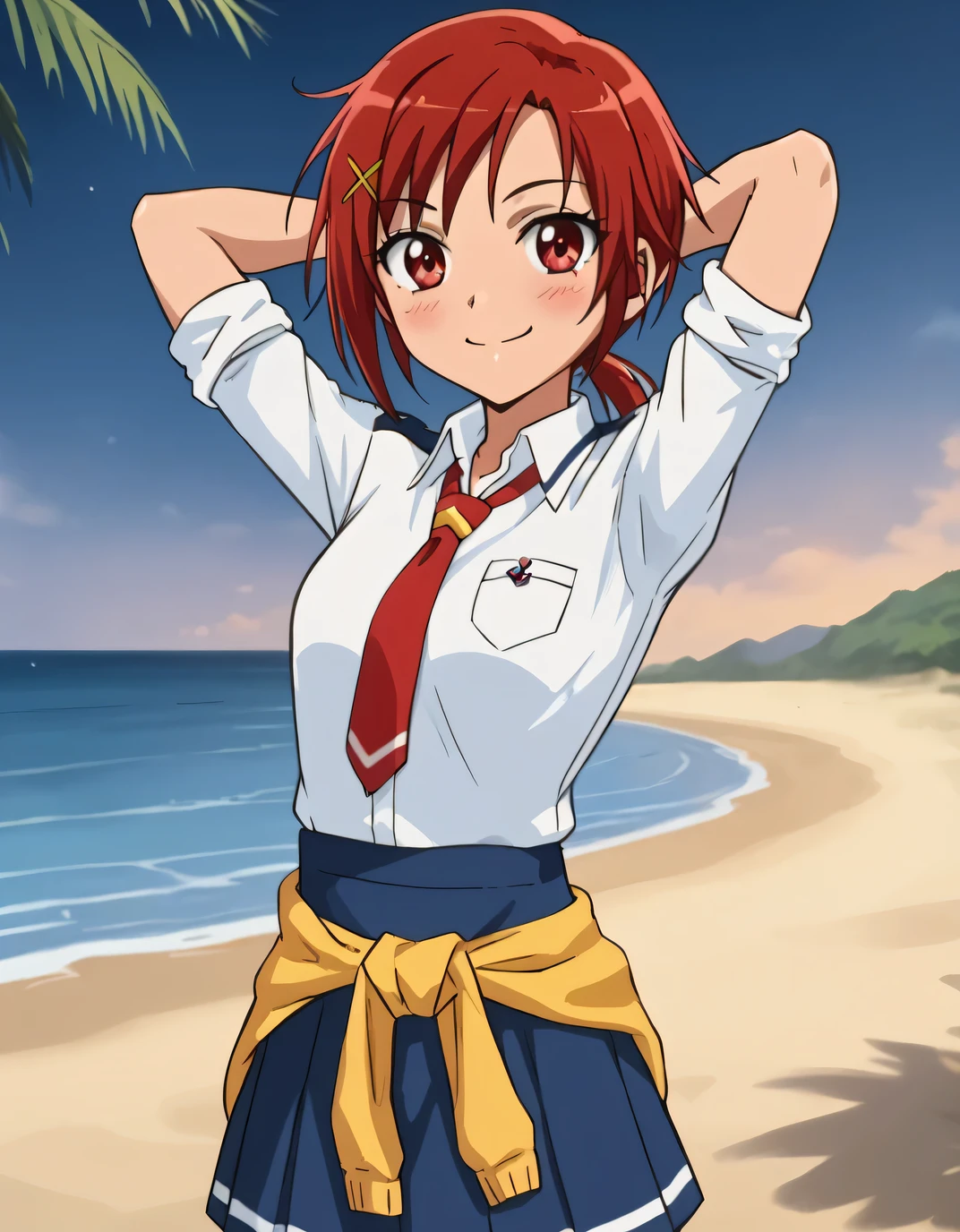 Hino Akane SM, red hair, red eyes, short hair, short ponytail, x hair ornament, hairclip, school uniform, white shirt, long sleeves, red necktie, blue skirt, sleeves rolled up, sweater around waist, high quality, closed mouth, looking at viewer, smile, showing armpit, looking at viewer, solo, contrapposto, arms behind head, smile, looking at viewer, cowboy shot, closed mouth, night sky, beach, best quality, blushing