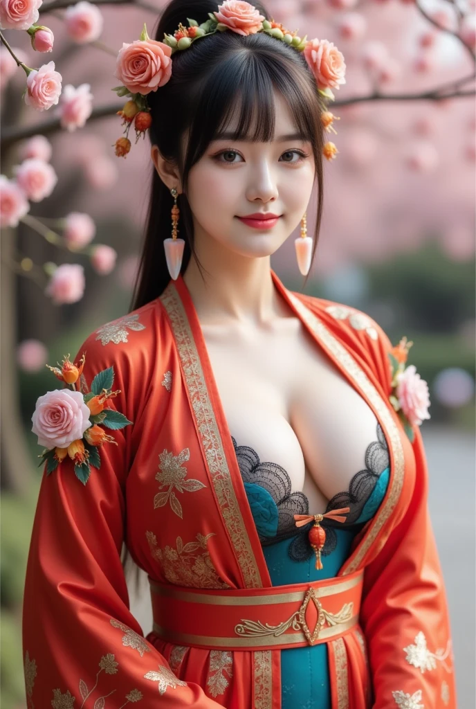 Big Breasts, is a beautiful woman wearing ancient Chinese Hanfu  ,  teeth、Wearing bright pink clothes 、頭にteeth花とイヤリングが付いています , Posing for the camera. 彼女teeth上品なメイクアップと輝く目をしている.  背景にteeth咲き誇る桃の花 ,  The following is drawn.、 standing tall against an elegant background  .  彼女の全身ポートレートにteeth、 A traditional style photo is projected . 