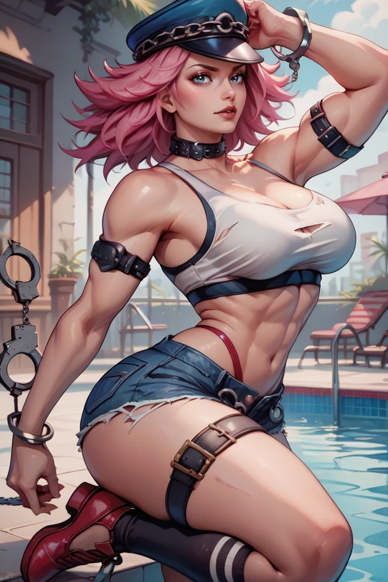 Poison, street fighter 5, short pink hair, white torn sports bra, blue denim shorts, waist chain, handcuffs, straps, one leg sock, red pumps, highleg panties, pool background, big breasts, wide curvy hips, big ass, wide waist,