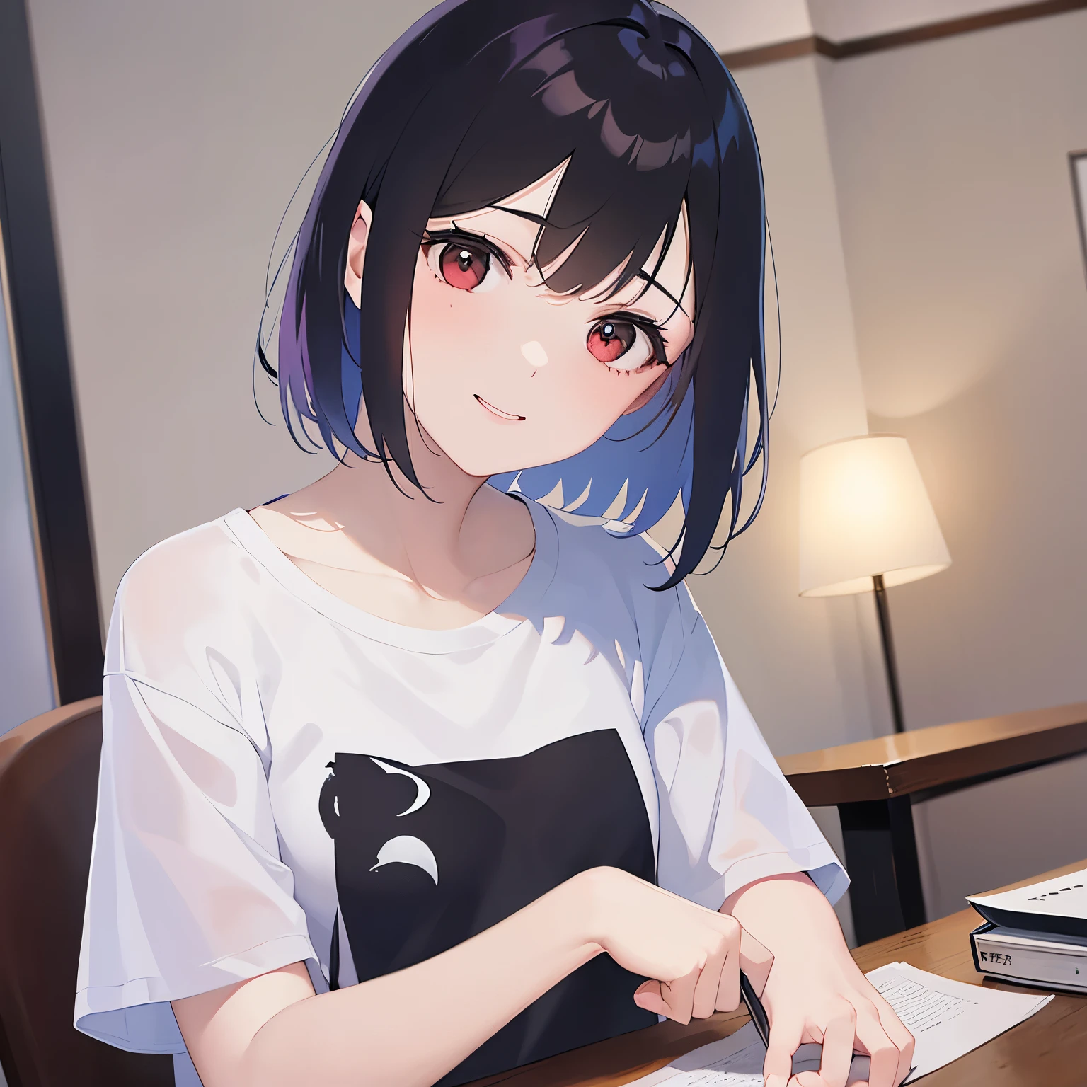 head tilt,upper body, (pale skin:1.2), shiny skin, shiny hair、(A 40-year-old woman:1.5) and (bob cut) and (hair between eyes) and (black hair) and (red eyes), over size t-shirt、（oversized clothes:1.5),white shirt,smile、tearful、 The background is the living room at night、（alone:1.5）