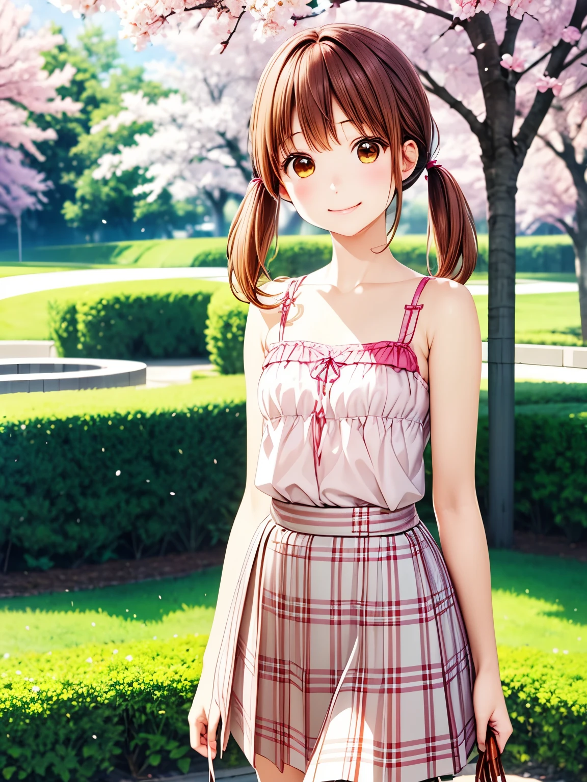 Best Quality,  High Resolution 、 Unity 8K Wallpaper ,,One Girl, Alone, Yamato, Yamato　Rinko、Brown Hair,  Brown Eyes ,  medium hair with bra off、Slightly low twin tails,Closed Mouth、smile、garden、cherry blossoms、 beautiful cherry blossoms blooming beautifully、stroll,(camisole、skirt:1.3),(Realistic, Genuine, Genuine的、Realistic:1.3), Best Quality、  cowboy shot that makes me dream violently、